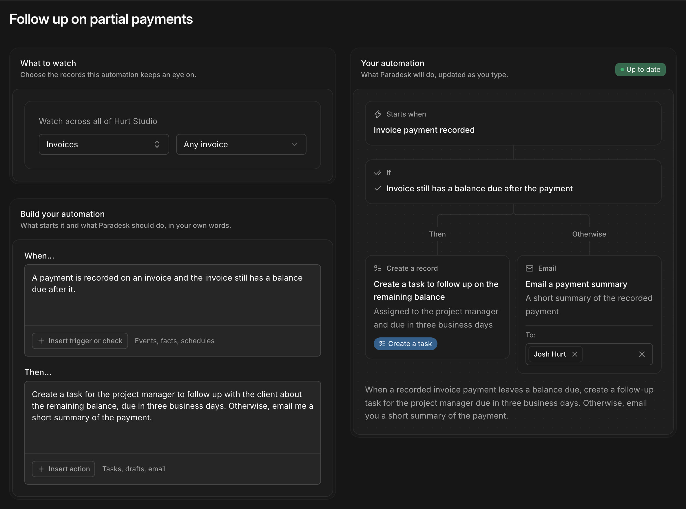 An automation in Paradesk, described in plain language, that creates a follow-up task when a payment leaves a balance due and otherwise emails a summary, shown as a flow of steps
