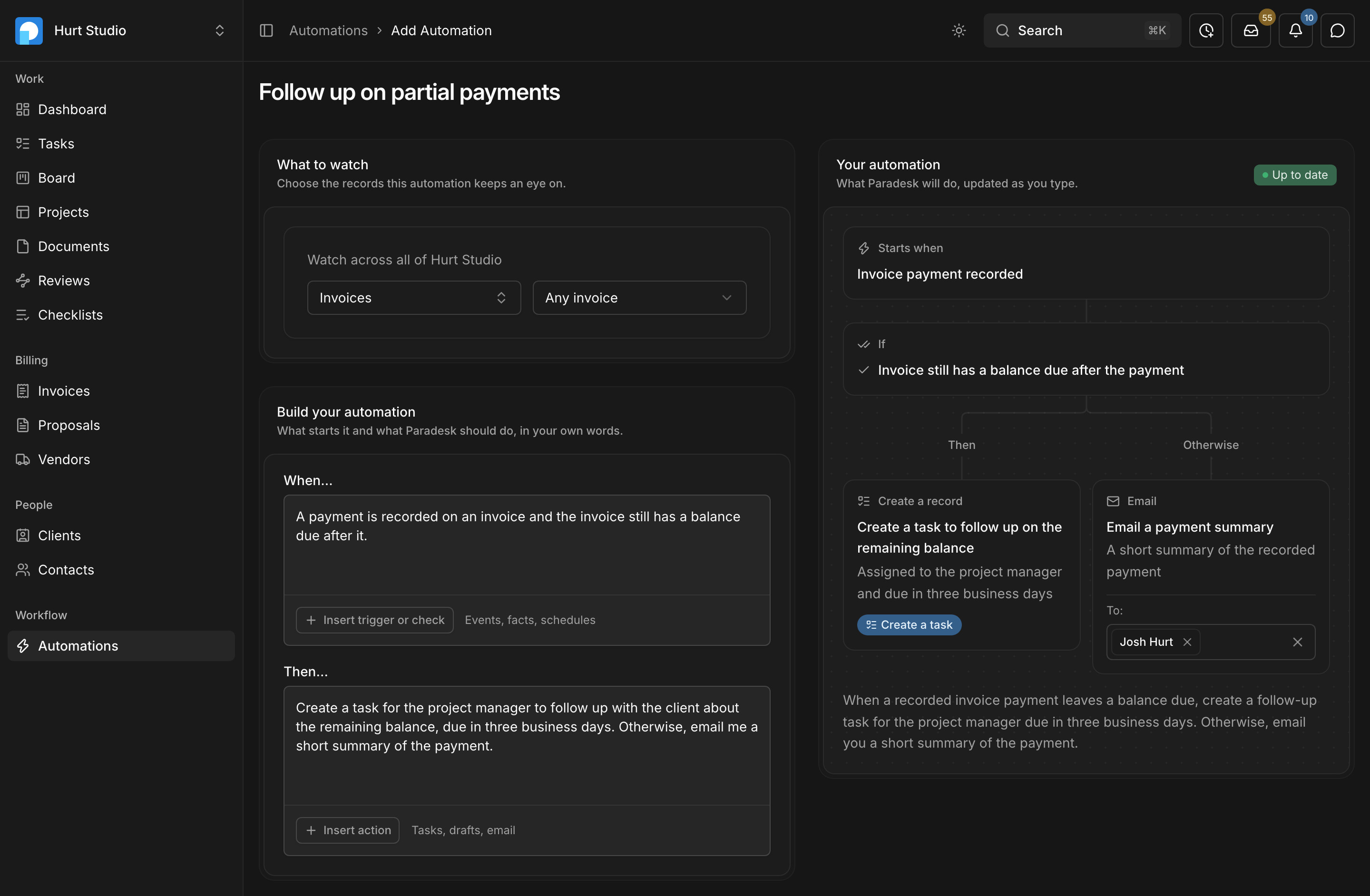 The automation builder in Paradesk, watching invoices: the When and Then text on the left, and on the right the flow Paradesk read from it, which creates a follow-up task when a payment leaves a balance due and otherwise emails a summary of the payment