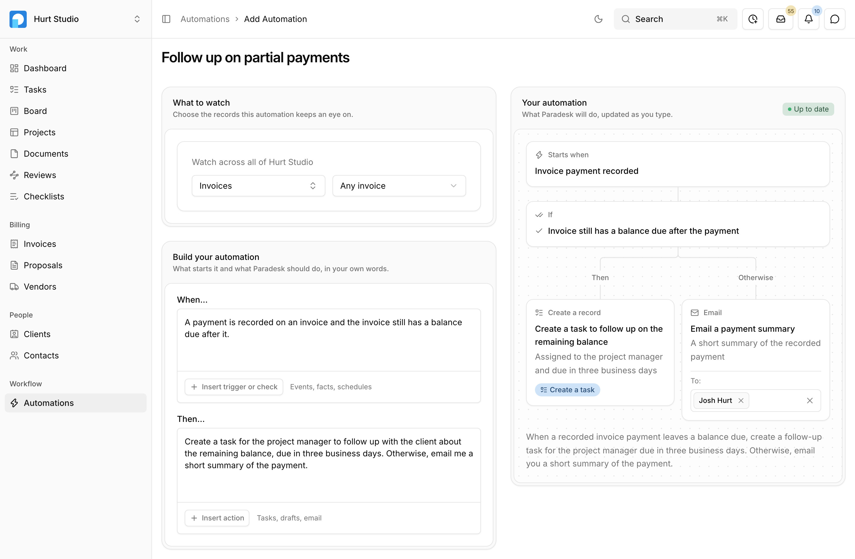 The automation builder in Paradesk, watching invoices: the When and Then text on the left, and on the right the flow Paradesk read from it, which creates a follow-up task when a payment leaves a balance due and otherwise emails a summary of the payment