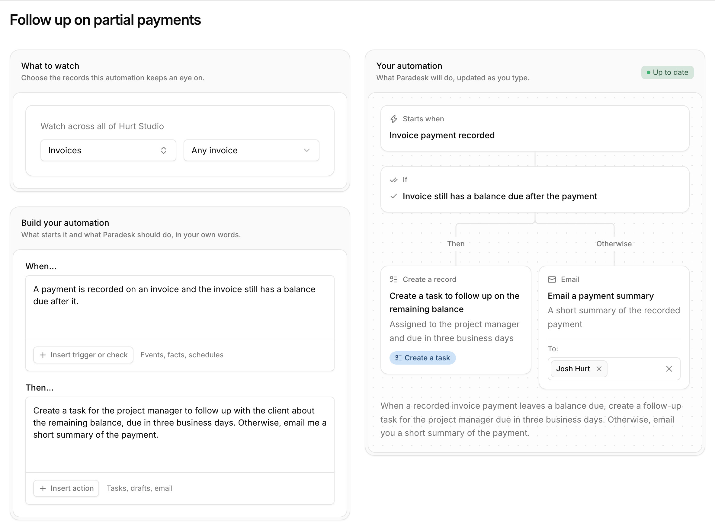 An automation in Paradesk, described in plain language, that creates a follow-up task when a payment leaves a balance due and otherwise emails a summary, shown as a flow of steps