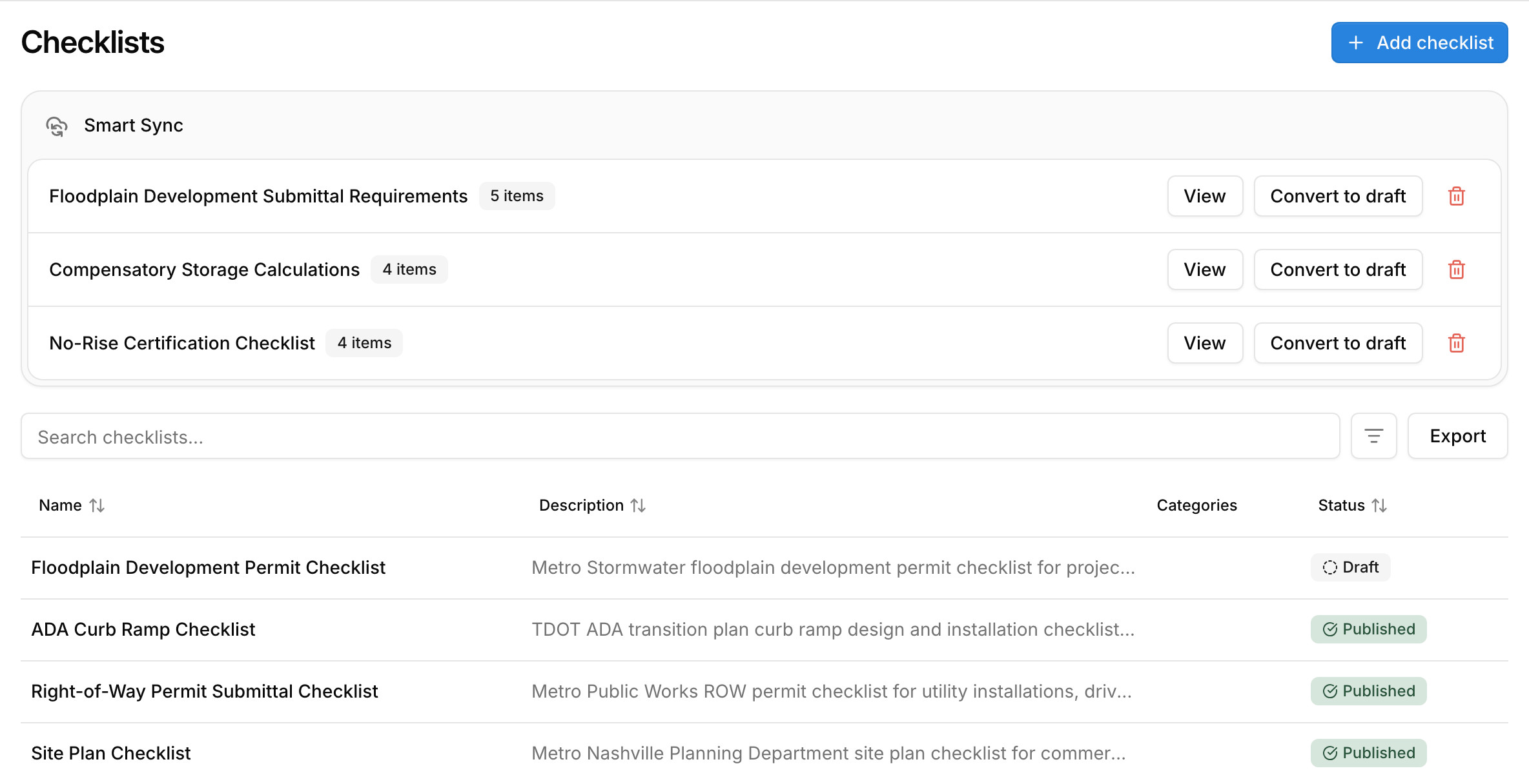 Checklists found by Smart Sync, ready to view or convert to drafts