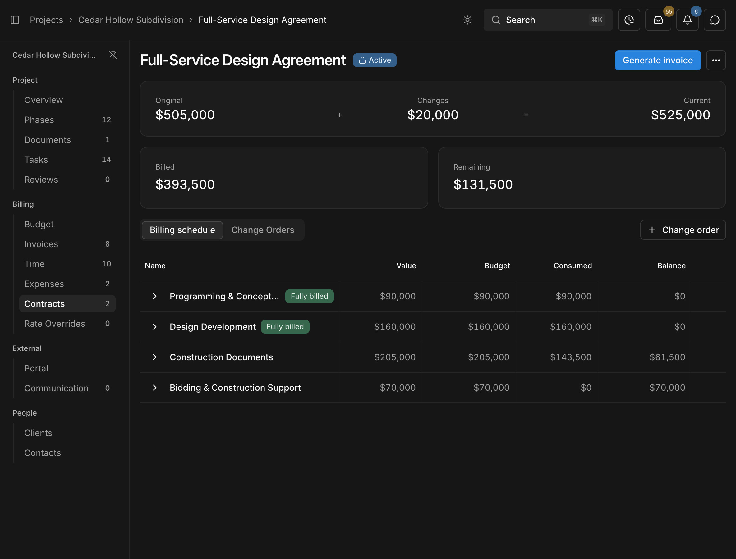 A billing contract in Paradesk with its original value, approved changes, and billing schedule by phase