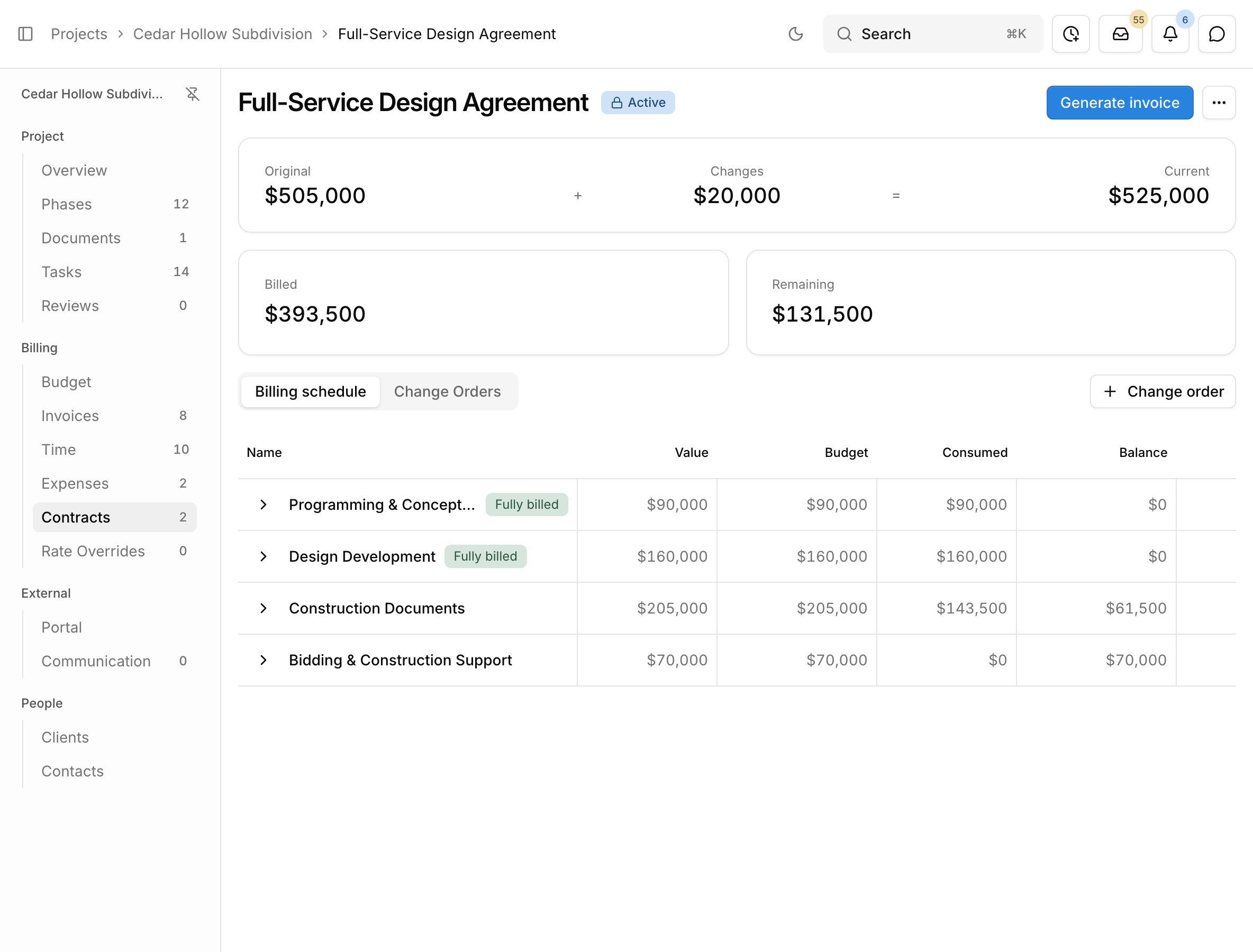 A billing contract in Paradesk with its original value, approved changes, and billing schedule by phase