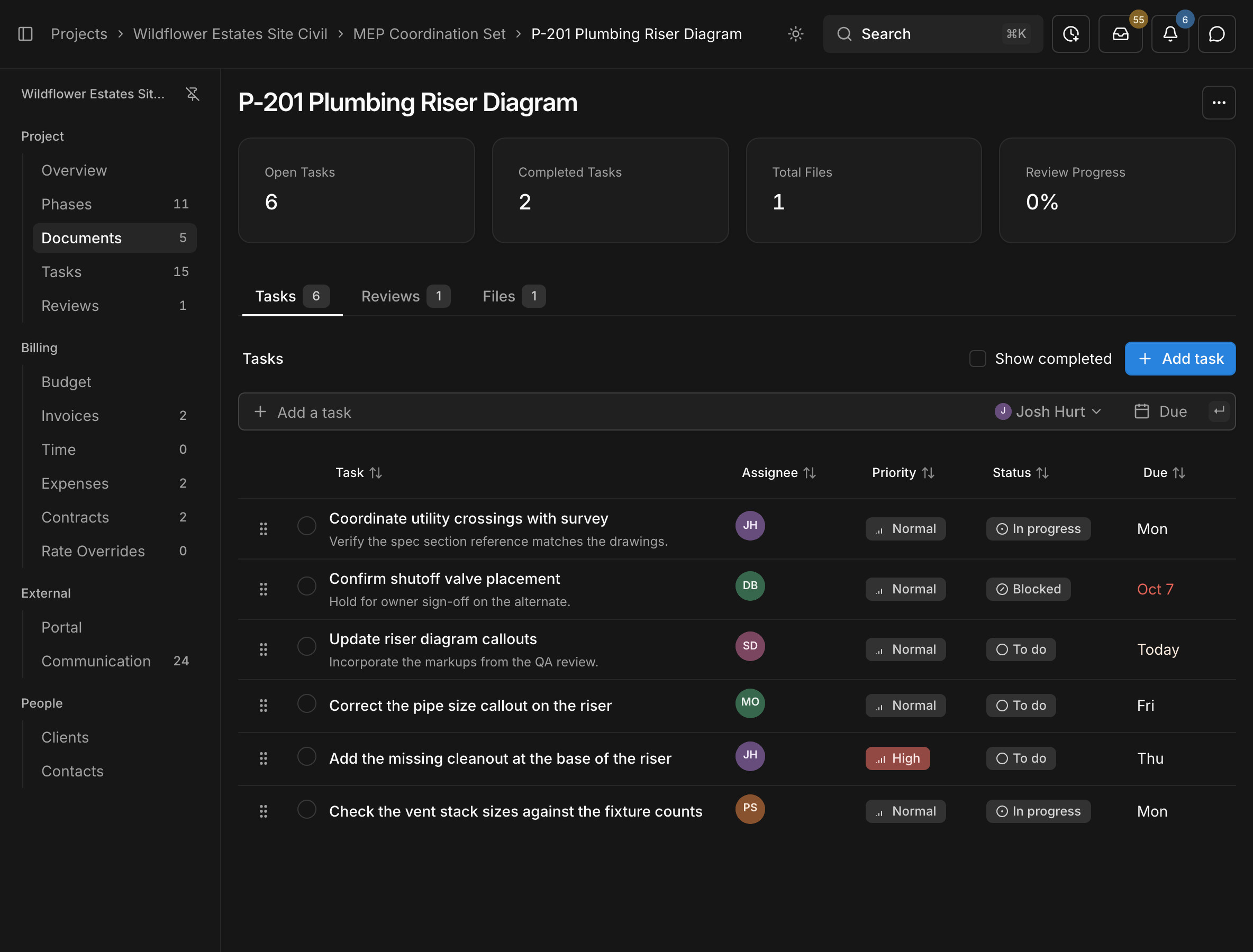 A plumbing riser diagram's page in Paradesk with its open tasks, assignees, priorities, and due dates
