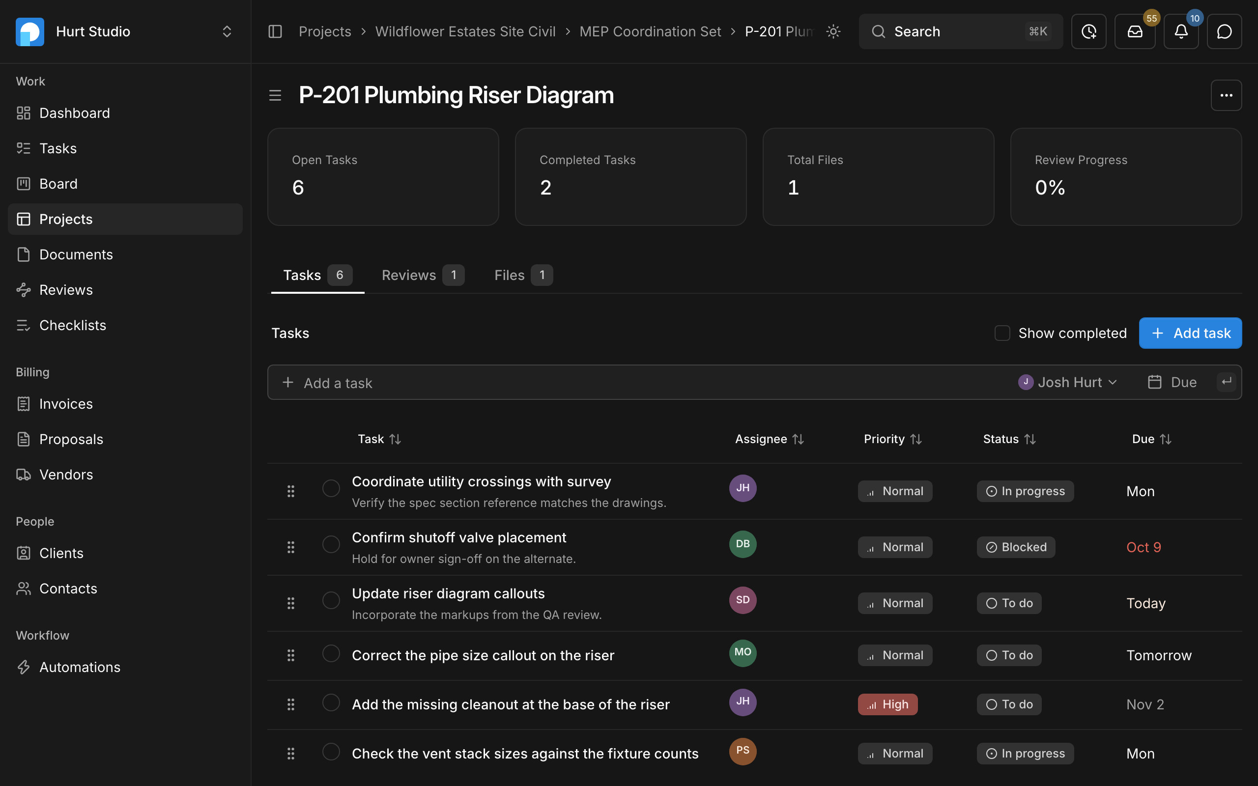 A plumbing riser diagram in Paradesk with its own tasks, reviews, and files