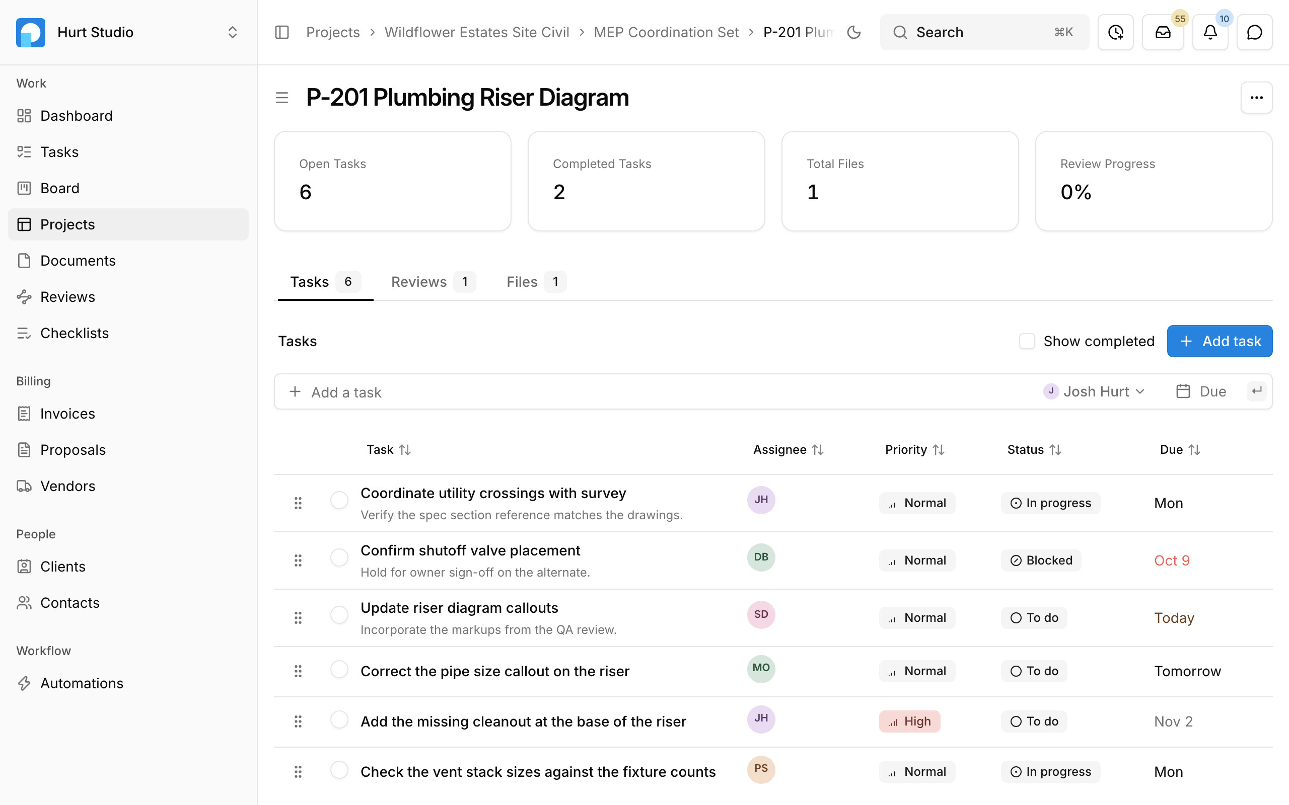 A plumbing riser diagram in Paradesk with its own tasks, reviews, and files