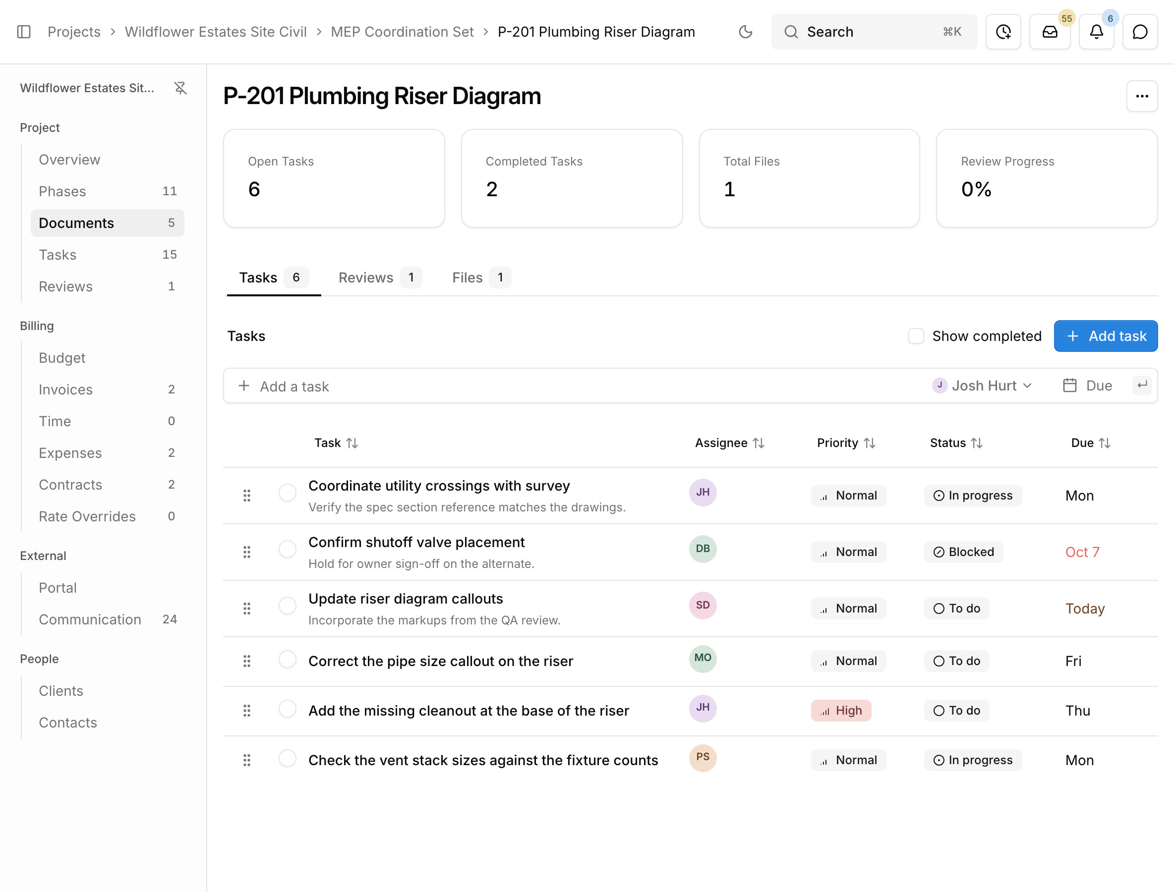 A plumbing riser diagram's page in Paradesk with its open tasks, assignees, priorities, and due dates
