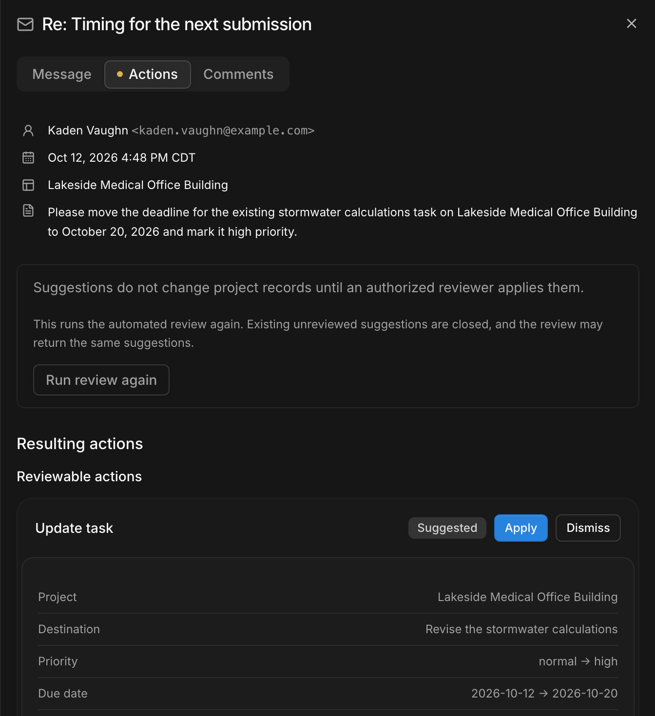 A client email in Paradesk asking to move a deadline, with the suggested change to the task's due date and priority, the lines of the email it came from, and Apply and Dismiss buttons