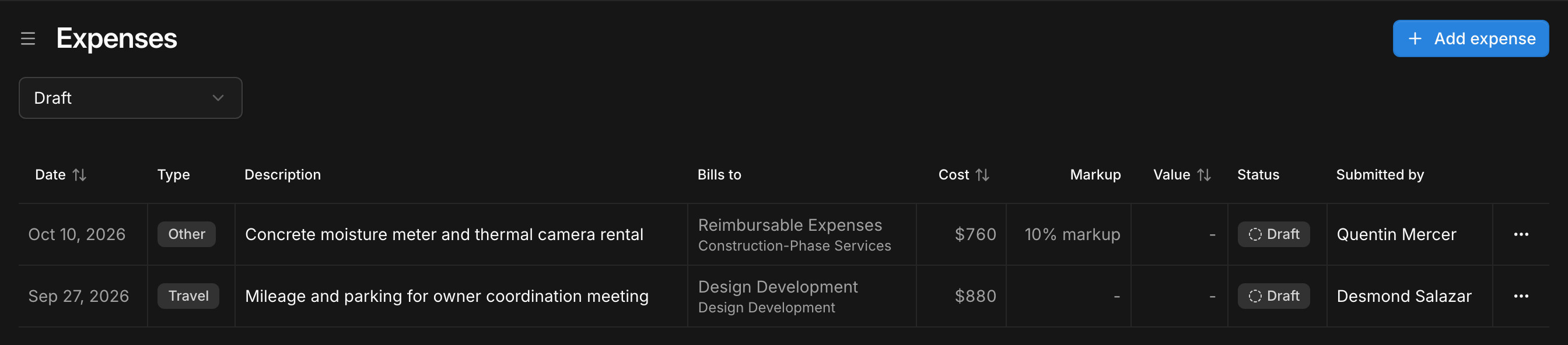 Draft project expenses in Paradesk with their type, billing line, cost, and markup
