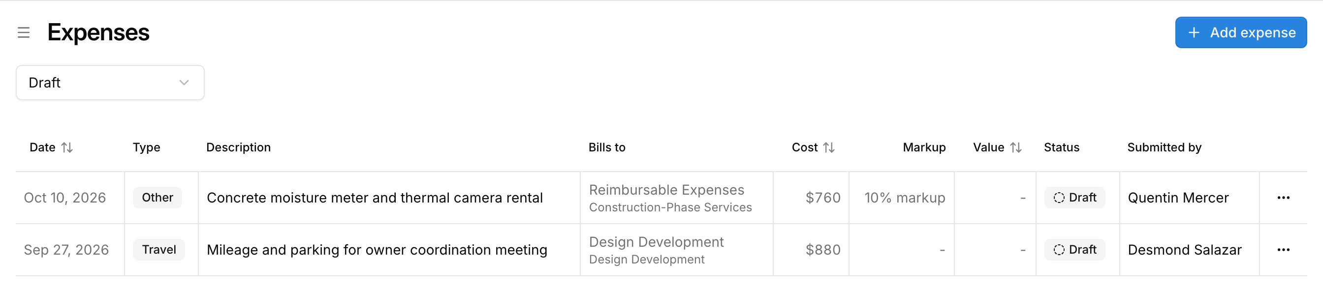 Draft project expenses in Paradesk with their type, billing line, cost, and markup