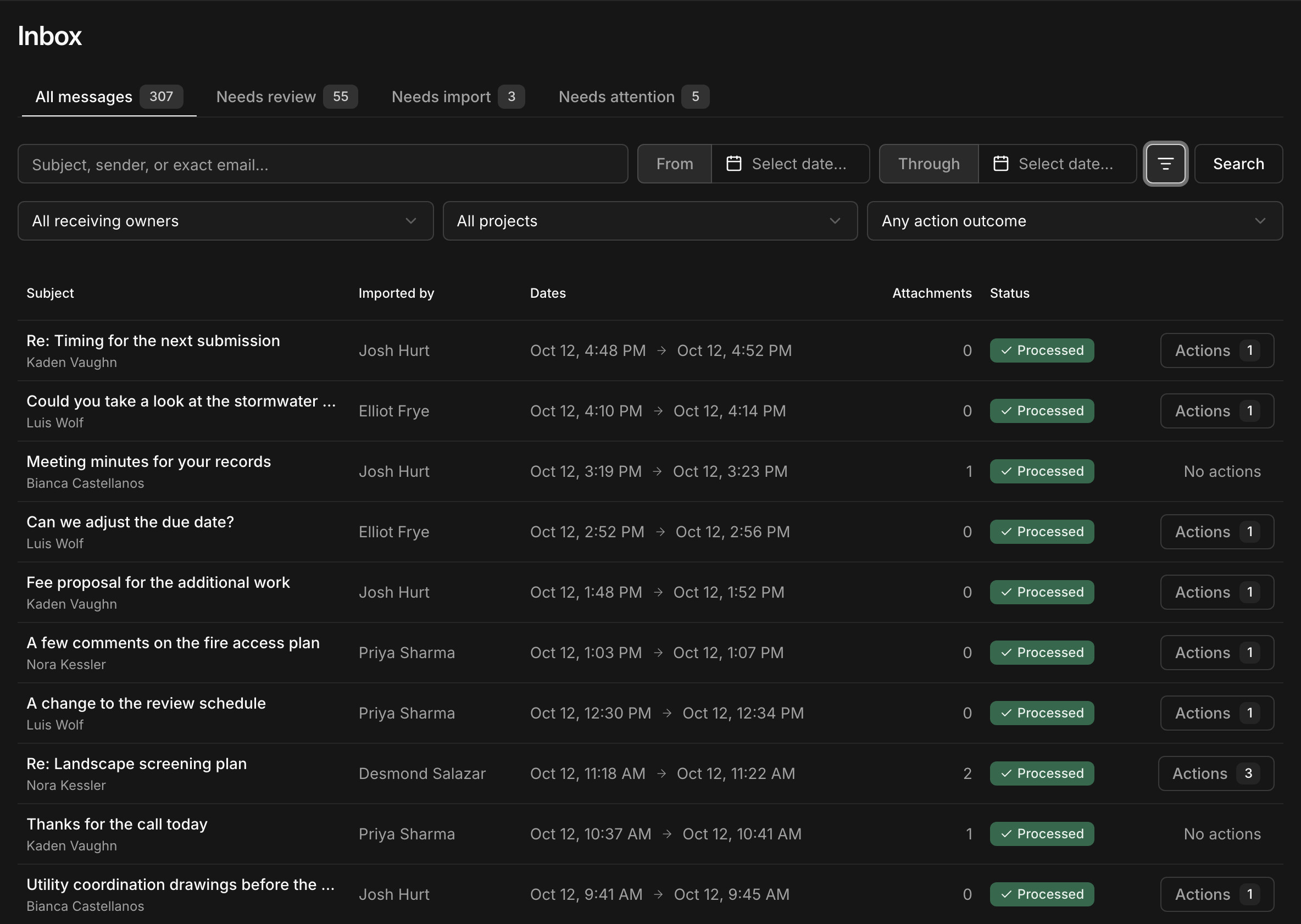 Paradesk's firm-wide inbox, listing each imported email with who on the team imported it, its status, and the actions Paradesk suggested