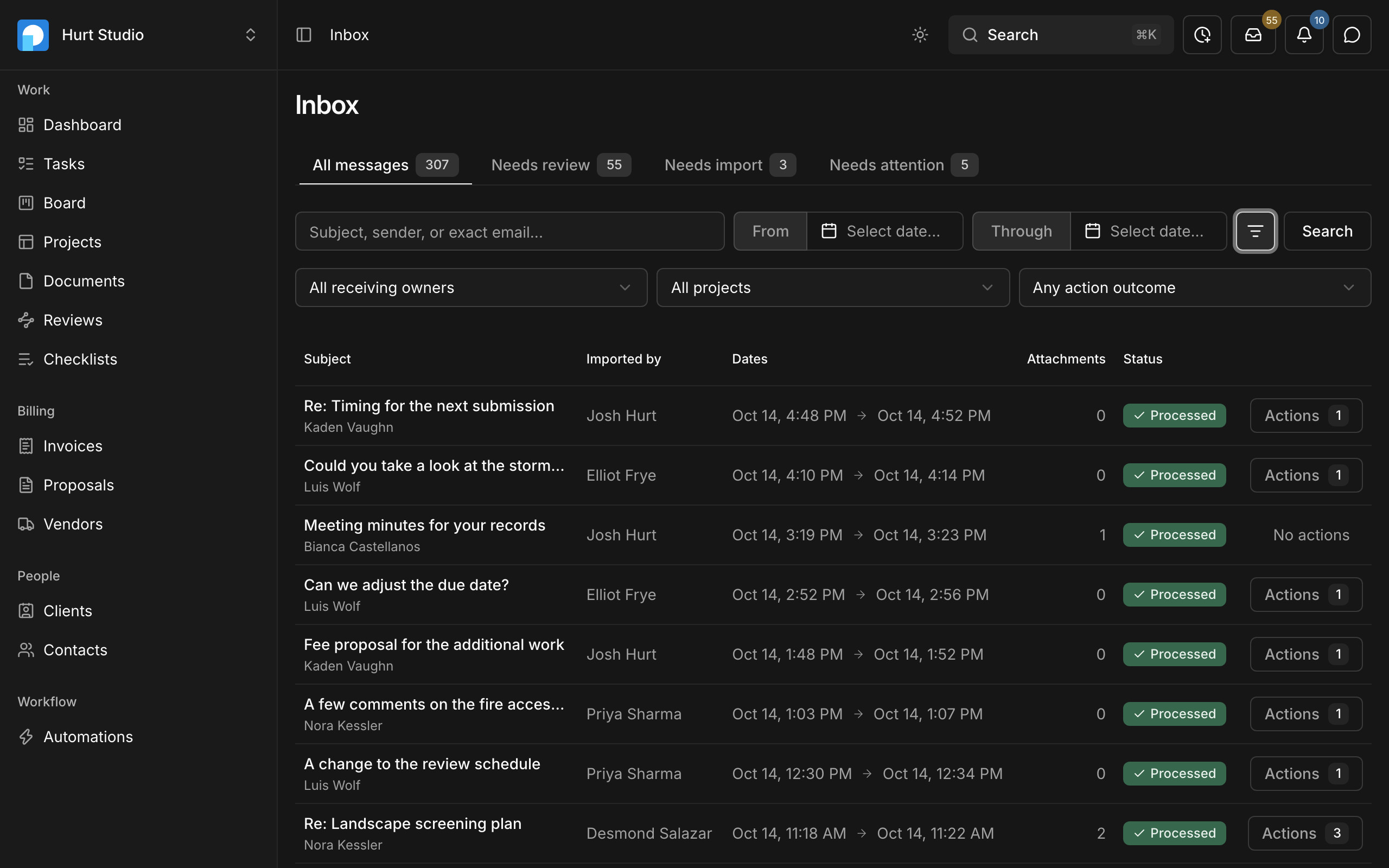 Paradesk's inbox: messages from project, client, and contact addresses with who imported each one, tabs for what needs review, import, or attention, and filters by address, project, and outcome