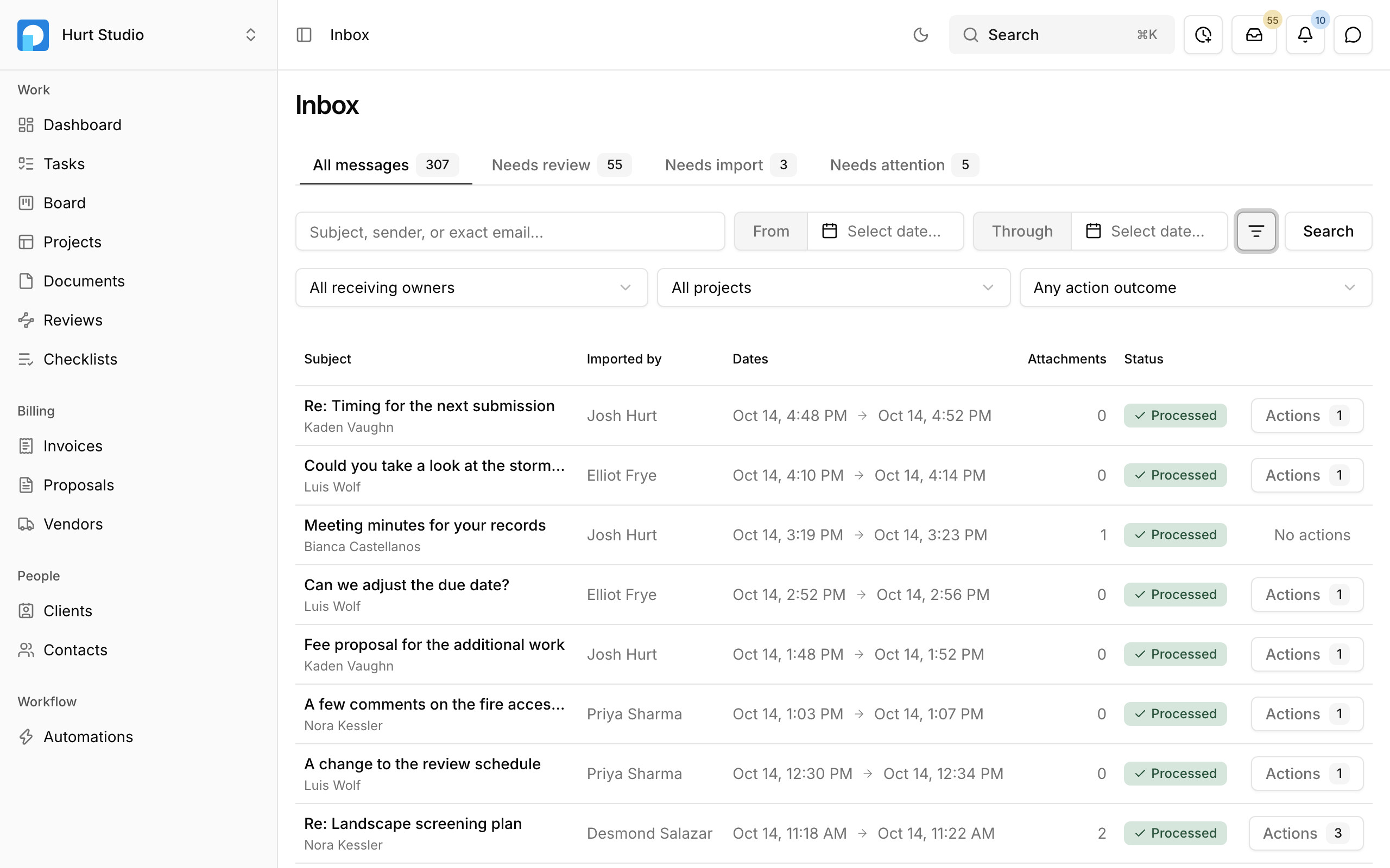 Paradesk's inbox: messages from project, client, and contact addresses with who imported each one, tabs for what needs review, import, or attention, and filters by address, project, and outcome