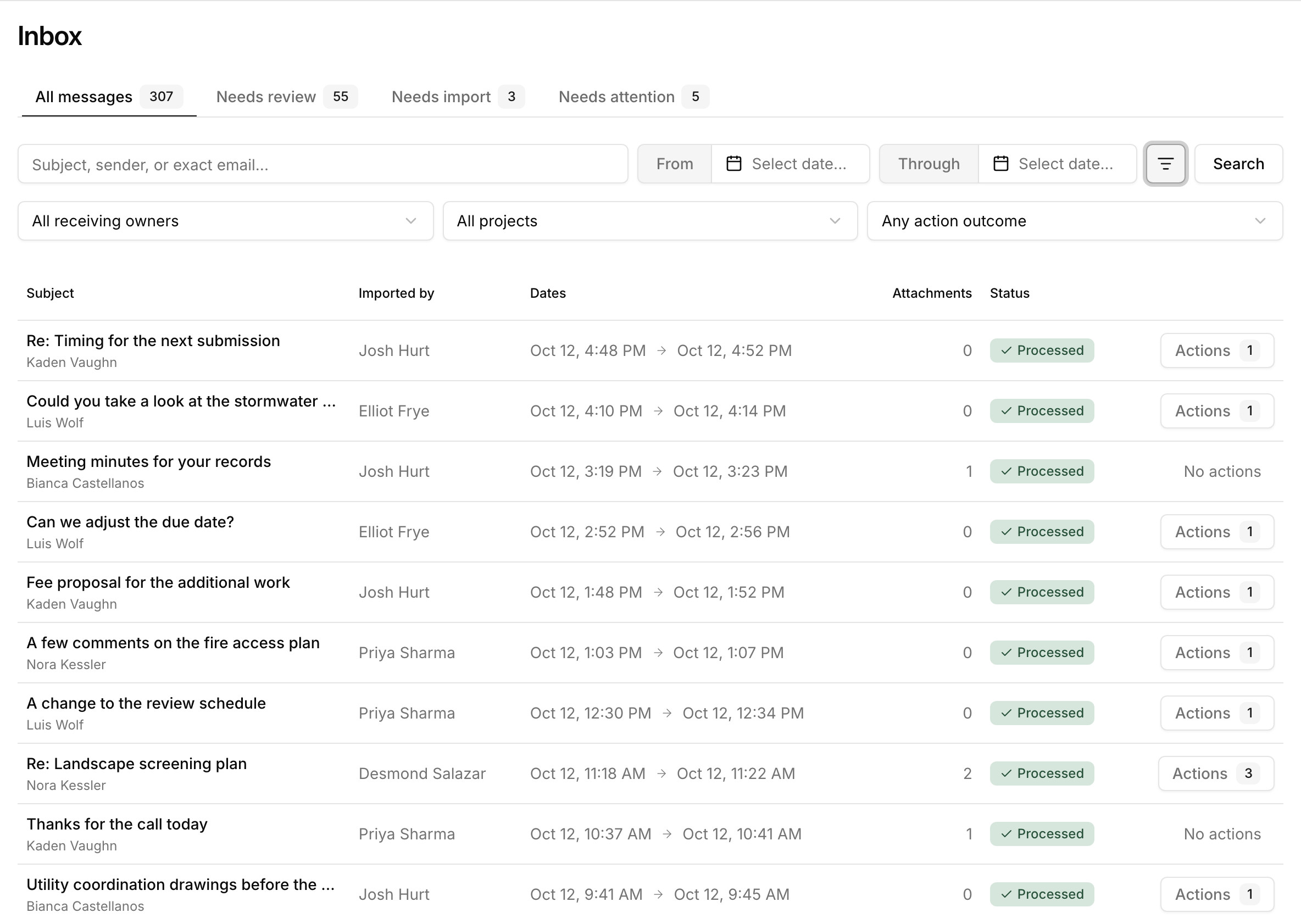 Paradesk's firm-wide inbox, listing each imported email with who on the team imported it, its status, and the actions Paradesk suggested