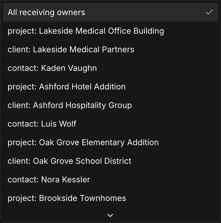 The inbox's address filter in Paradesk, listing project, client, and contact inboxes together