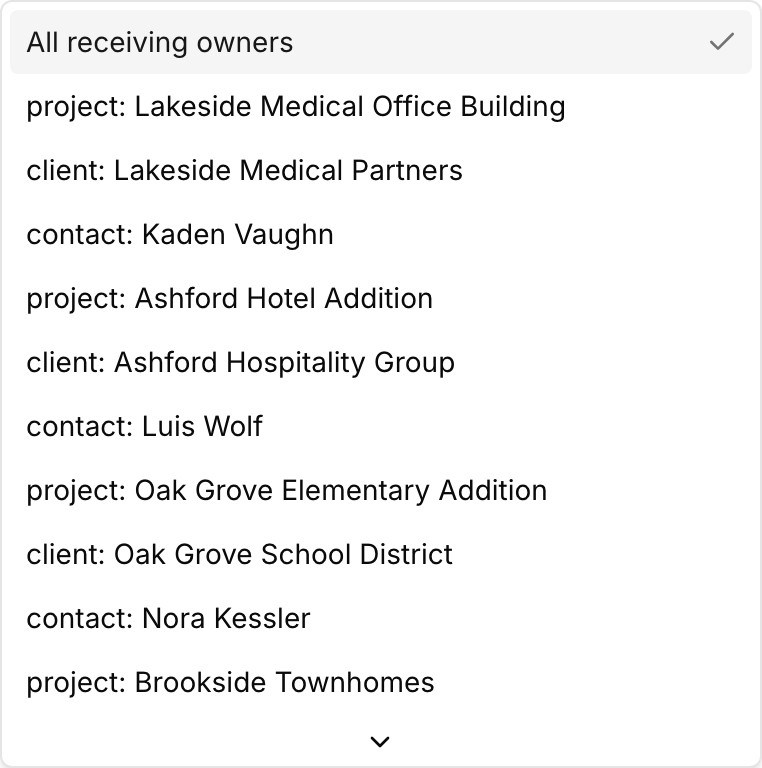 The inbox's address filter in Paradesk, listing project, client, and contact inboxes together