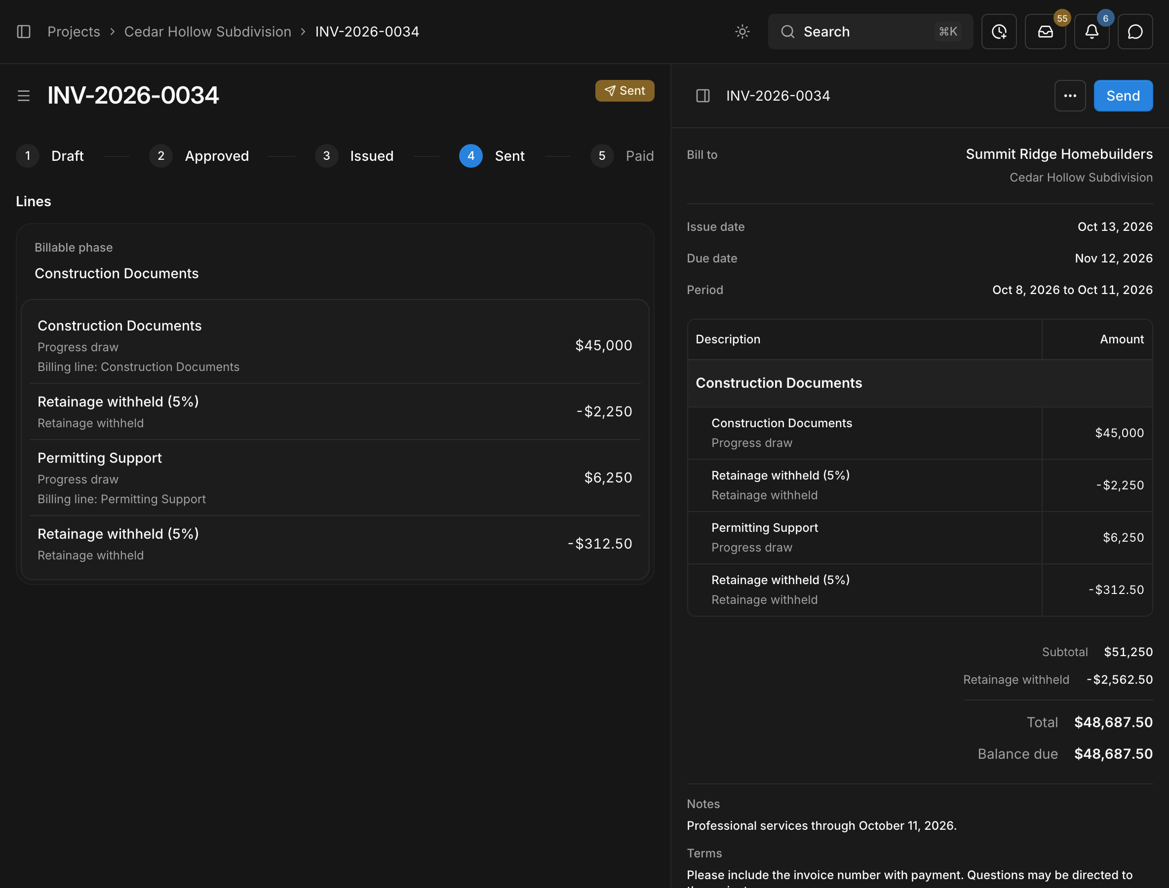 An invoice in Paradesk with progress draws by billing line, retainage withheld, and its approval steps
