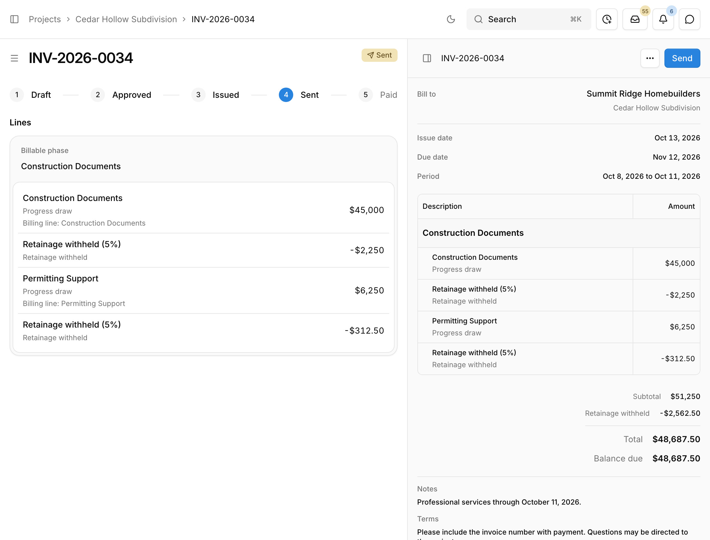 An invoice in Paradesk with progress draws by billing line, retainage withheld, and its approval steps