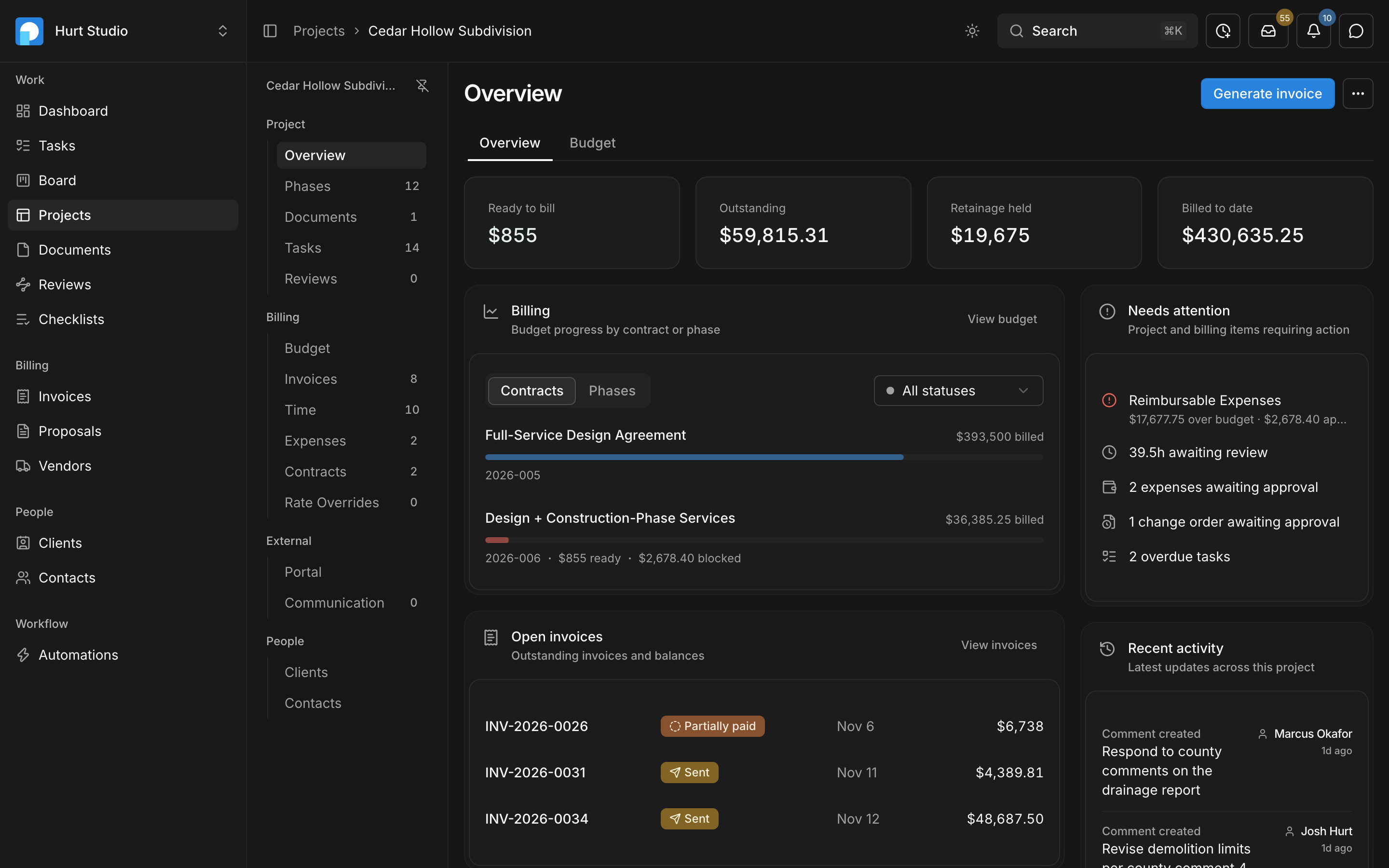 A project overview in Paradesk showing billing progress by contract, open invoices, and items that need attention