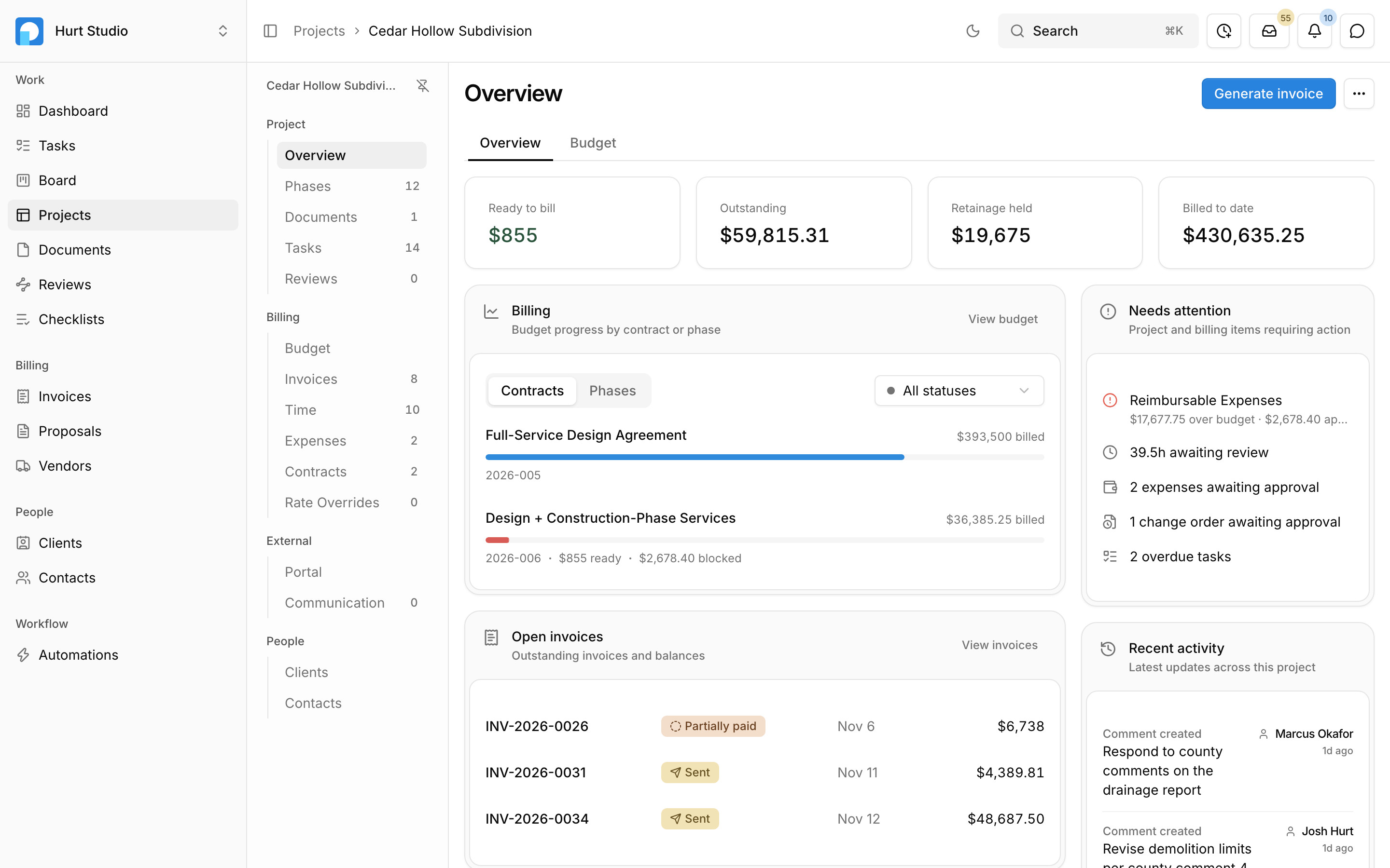 A project overview in Paradesk showing billing progress by contract, open invoices, and items that need attention