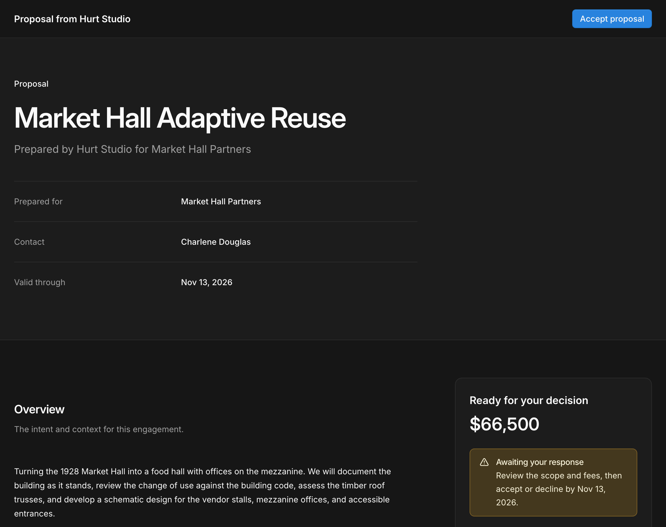 A proposal for Market Hall Adaptive Reuse as the client sees it, with an Accept proposal button
