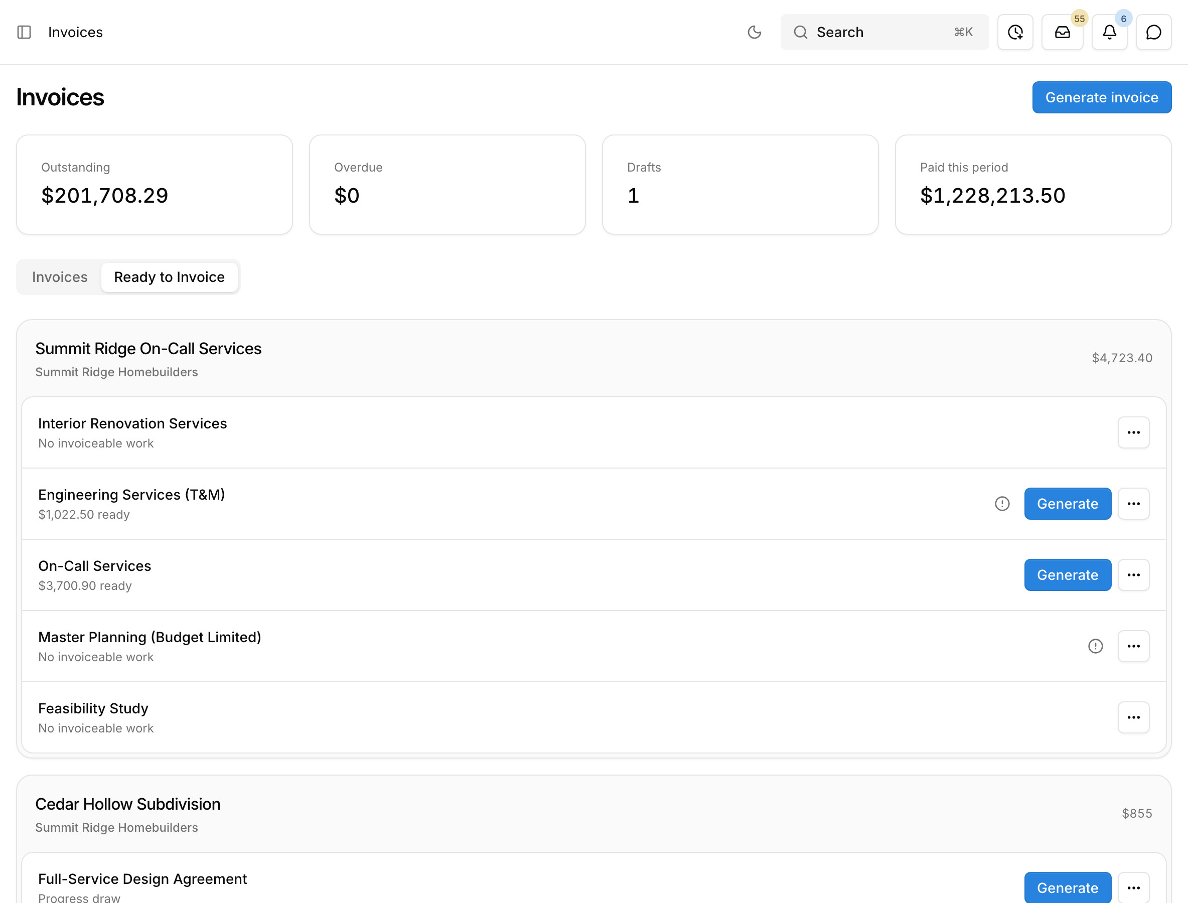 Paradesk's Ready to Invoice view listing each contract and the amount it can bill now