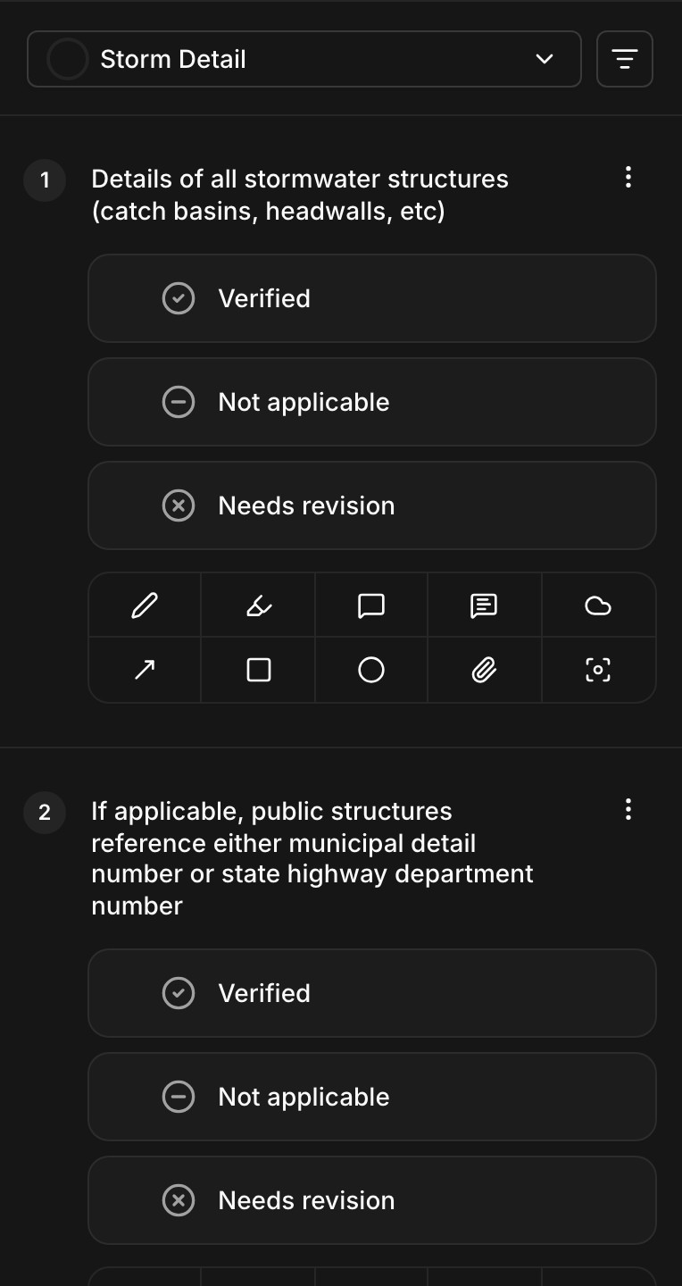 A checklist item with verified, not applicable, and needs revision options above its nine markup tools