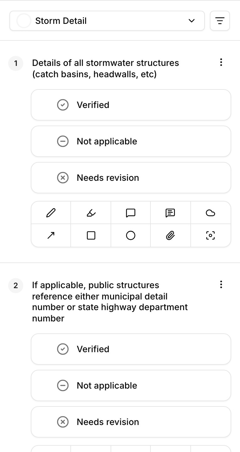A checklist item with verified, not applicable, and needs revision options above its nine markup tools