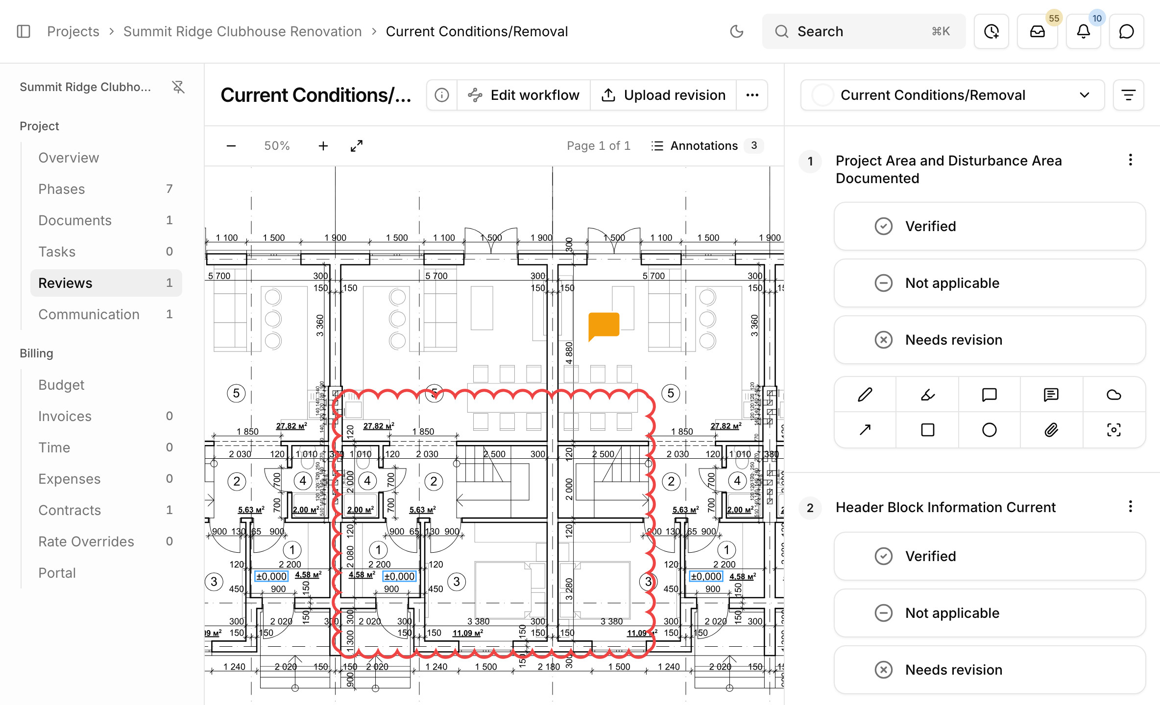 A drawing under review in Paradesk, with markups on the sheet and the checklist beside it