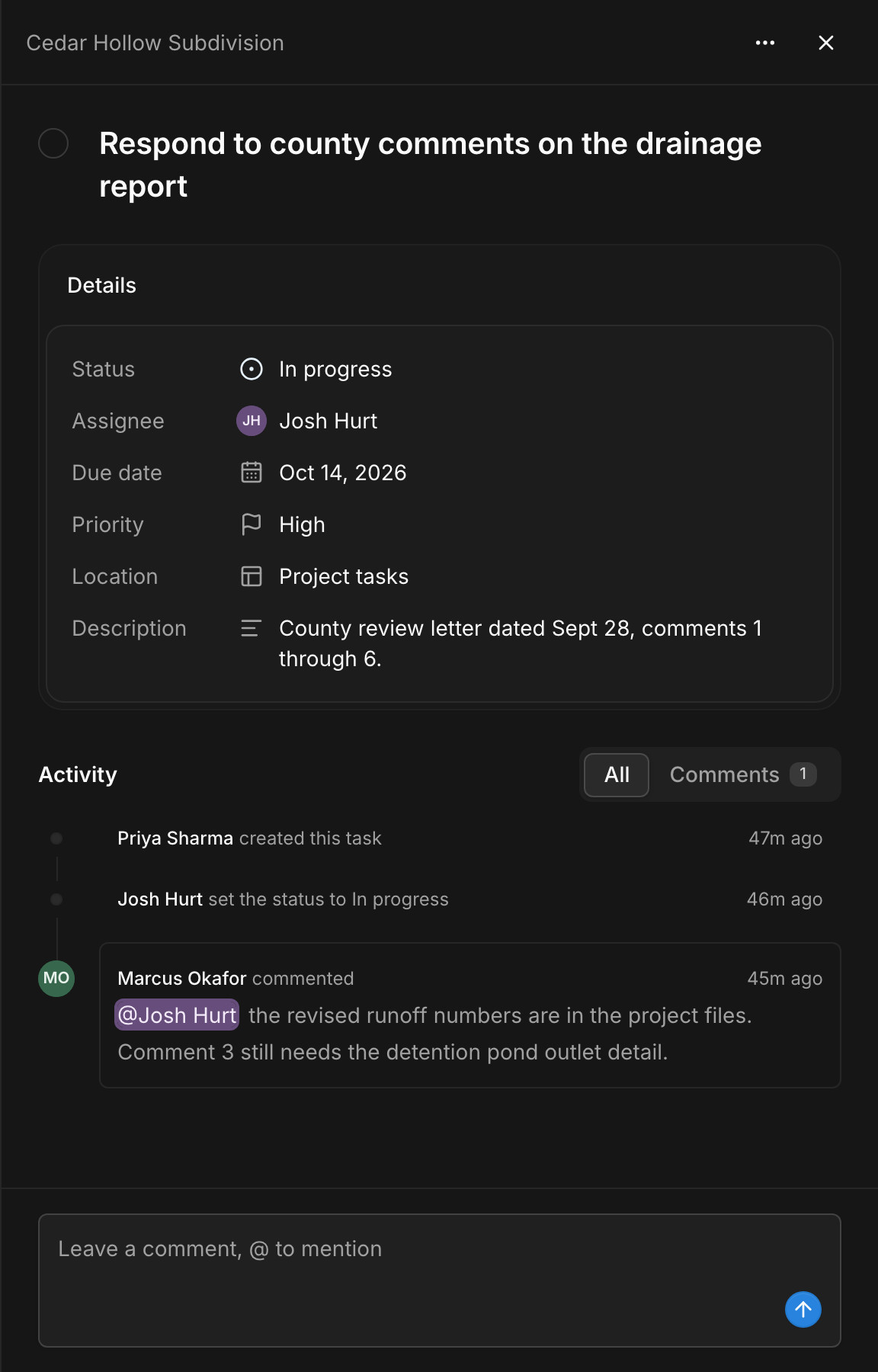 A task in Paradesk with its status, assignee, due date, priority, location, and description, and a comment that mentions a teammate