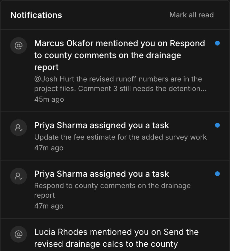 Paradesk's notifications: a summary of tasks due today and a teammate's mention in a task comment