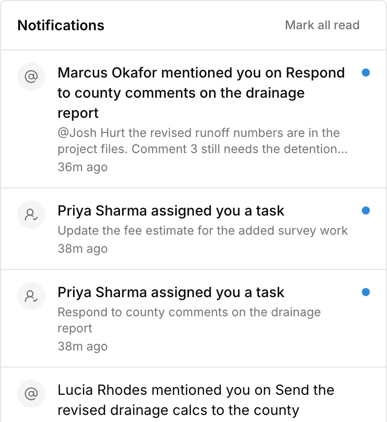 Paradesk's notifications: a summary of tasks due today and a teammate's mention in a task comment