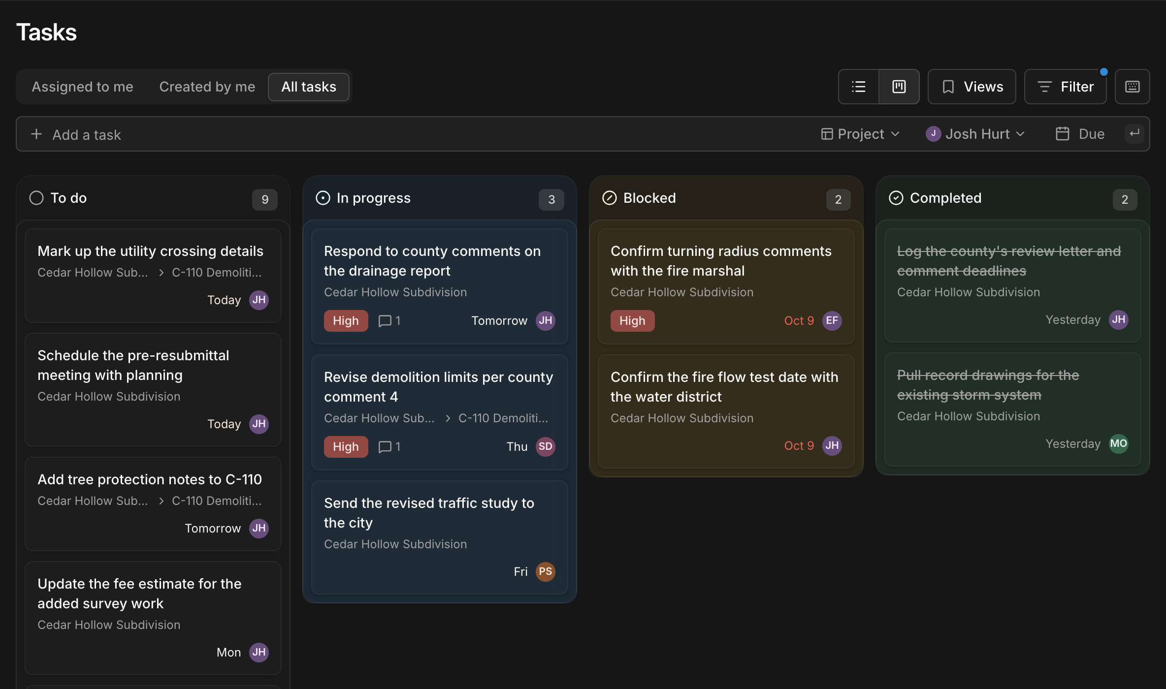 Paradesk's task board with To do, In progress, Blocked, and Completed columns