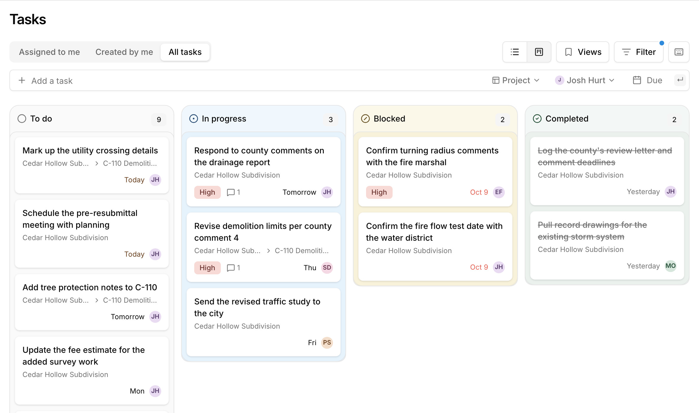 Paradesk's task board with To do, In progress, Blocked, and Completed columns