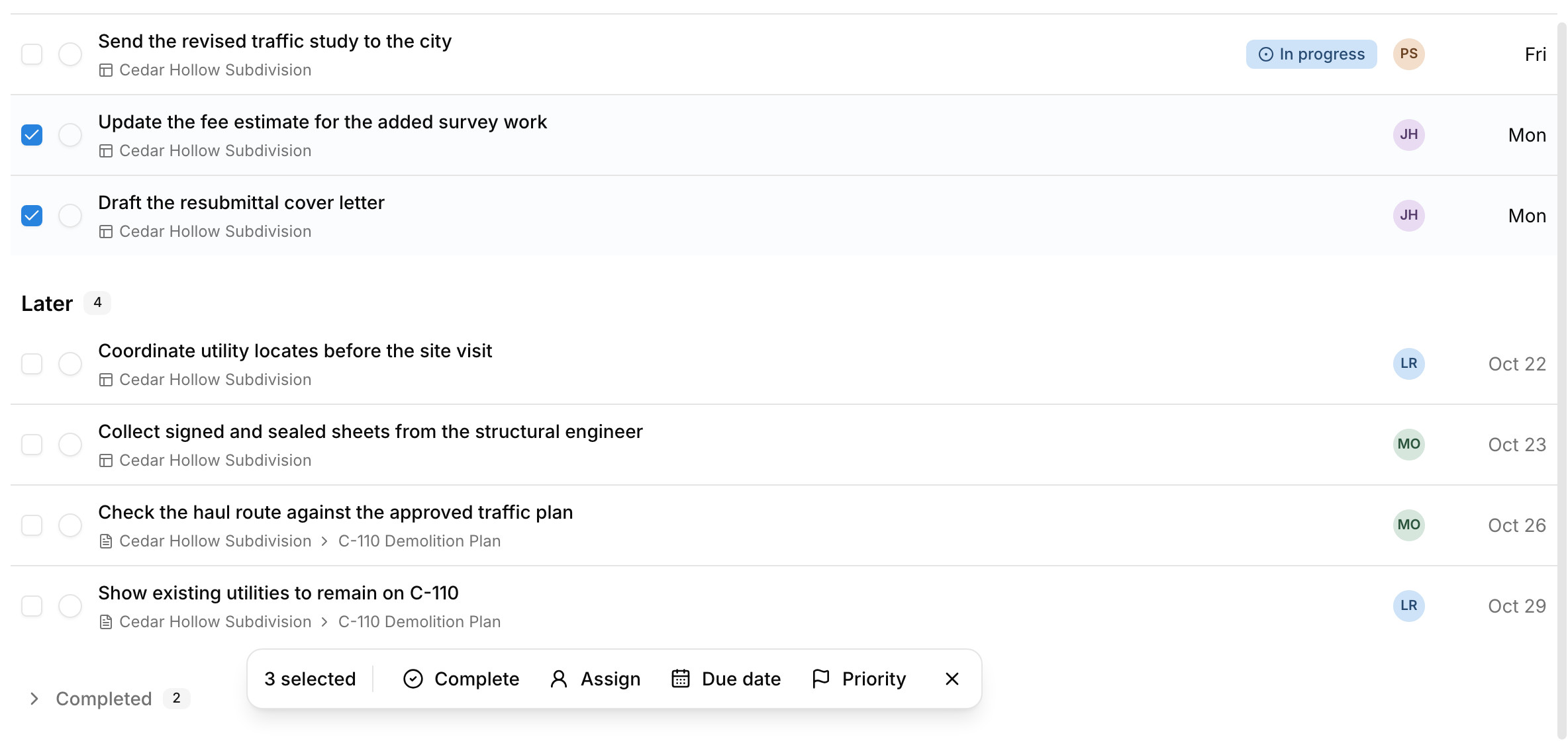 Three tasks selected in Paradesk, with a bar to complete, assign, reschedule, or reprioritize them together