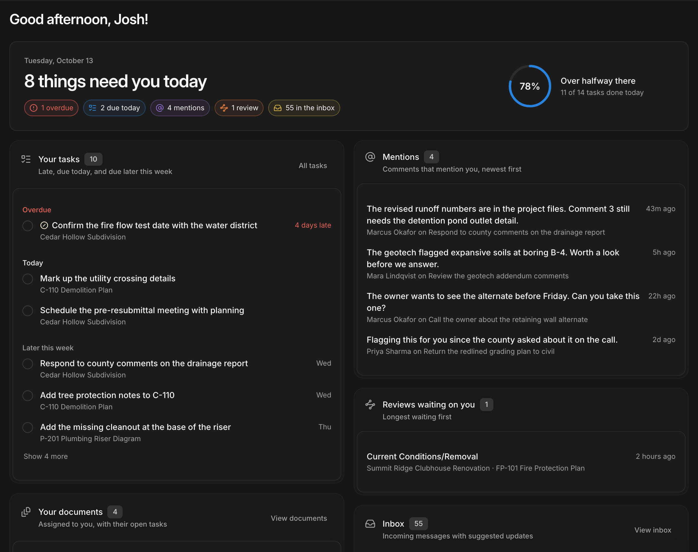 Paradesk's Today dashboard with the day's tasks, mentions, reviews, and inbox