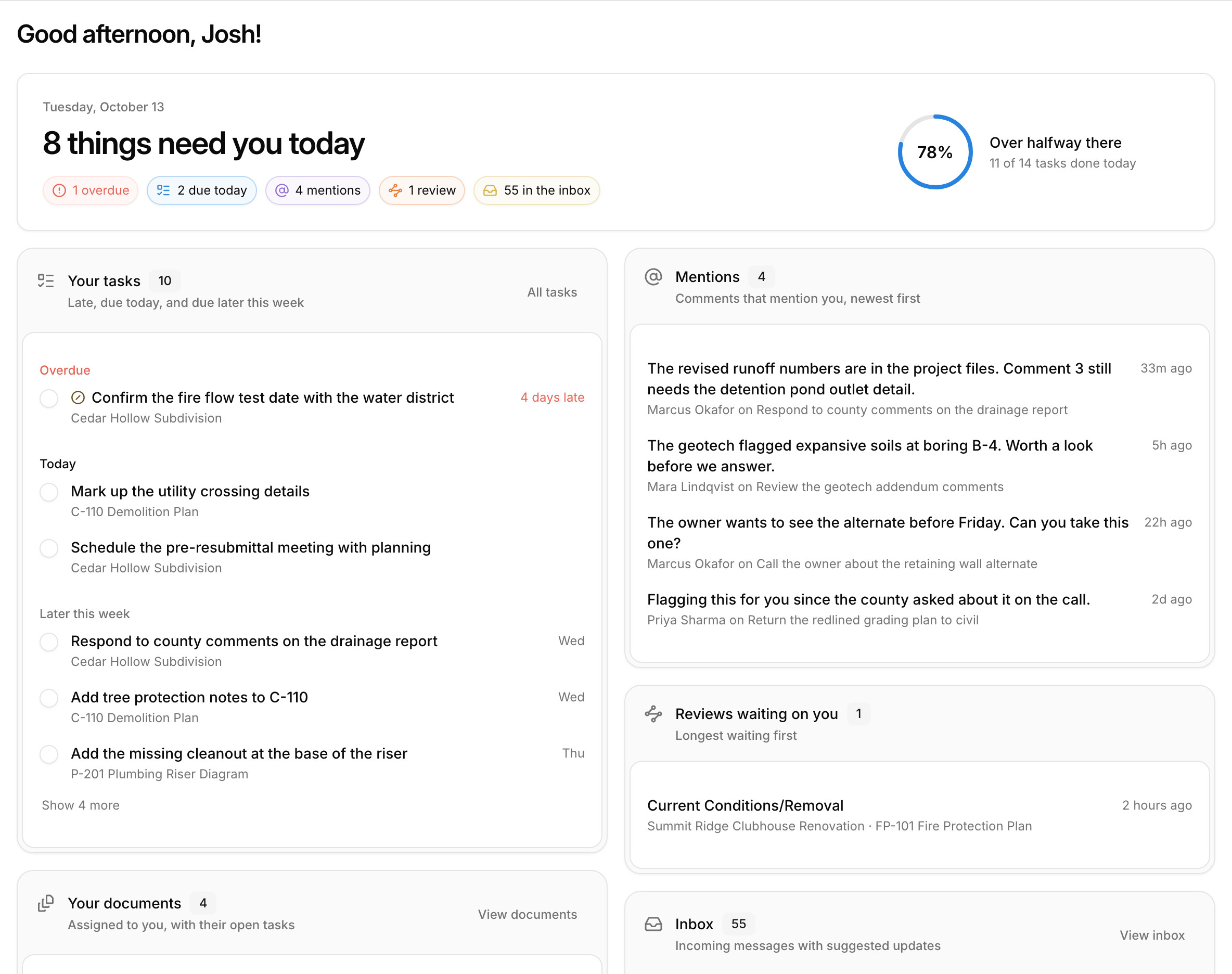 Paradesk's Today dashboard with the day's tasks, mentions, reviews, and inbox
